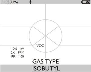 Popis 3.11 Zobrazení aktuálního faktoru odezvy Aktuální faktor odezvy (RF) se zobrazí při spuštění přístroje spolu s potenciálem PID lampy v jednotkách ev, rozsahem senzoru a typem plynu VOC.