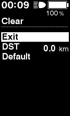 Clear (Vynulovat) Vynulování ujeté vzdálenosti nebo nastavení zobrazení do výchozího stavu. 1. Stiskem spínače Y nebo Podpora šlapání Z přesuňte kurzor na položku, kterou chcete nastavit.