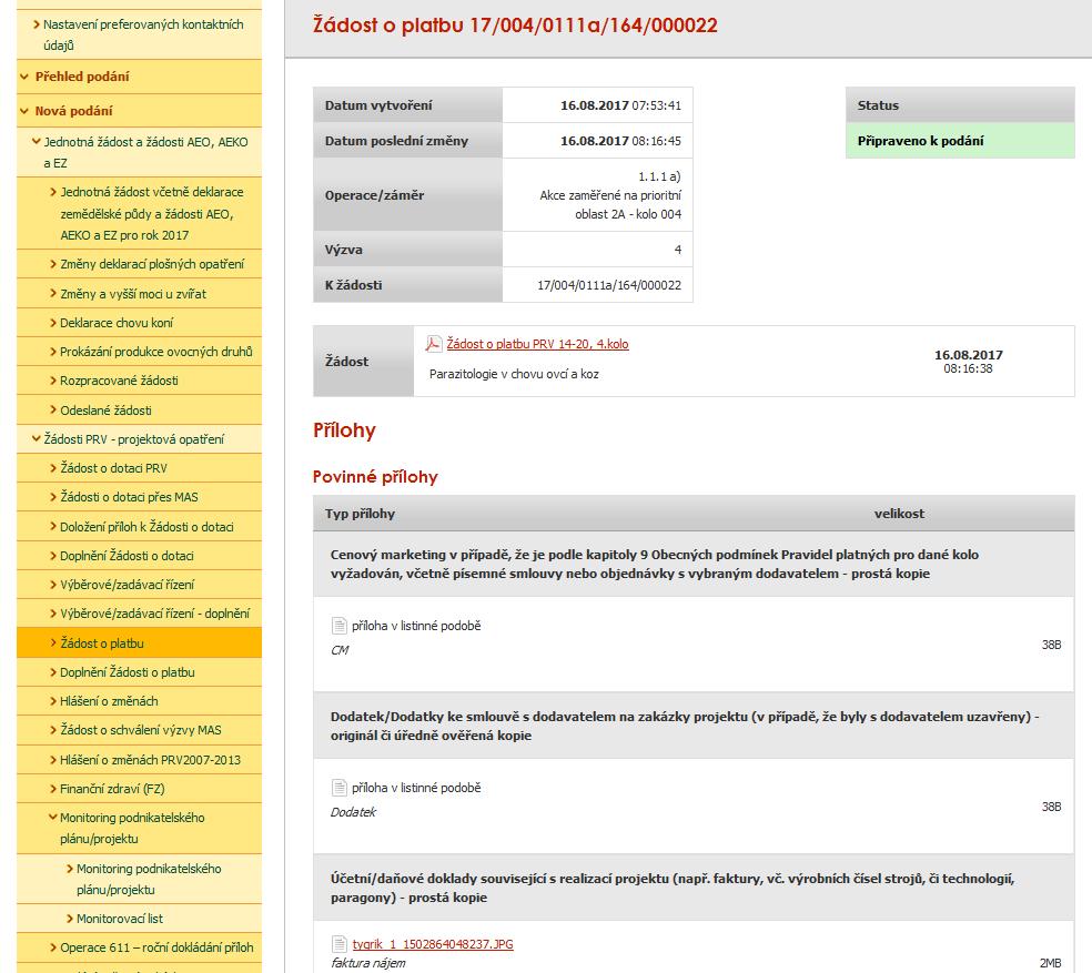 Obr. 20 Souhrn před odesláním V tomto kroku příjemce dotace ještě jednou ověří, že nahrál požadované přílohy.