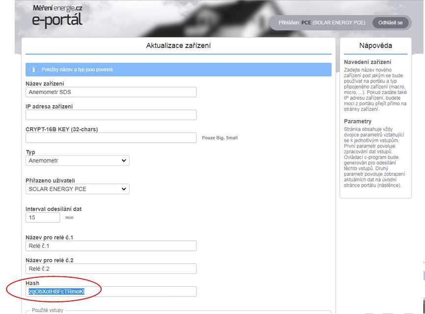 Důležité: Aby Anemometr SDS komunikoval s e-portálem měření energie, musíte v nastavení parametrů v programu SDS Anemometru v.1.