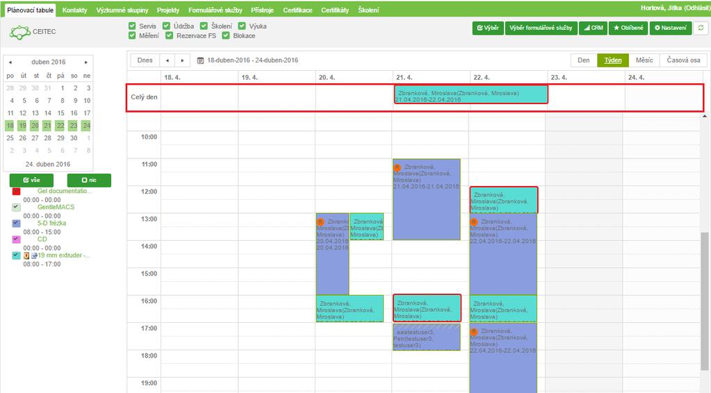 6.2. Týden Nad plánovací tabulí je zobrazen interval aktuálně zobrazeného týdne od - do.