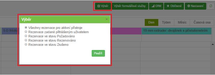 - výběr rezervací pro aktivní přístroje ve stavu Požadováno - výběr rezervací pro aktivní přístroje ve