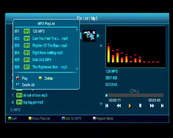 Všechny MP3 soubory v aktuální složce budou přidány do MP3 play listu [modrým] tlačítkem, a bude zobrazeno okno Add to Play List. [Bílé] tlačítko: Nastavení opakování přehrávání MP3.