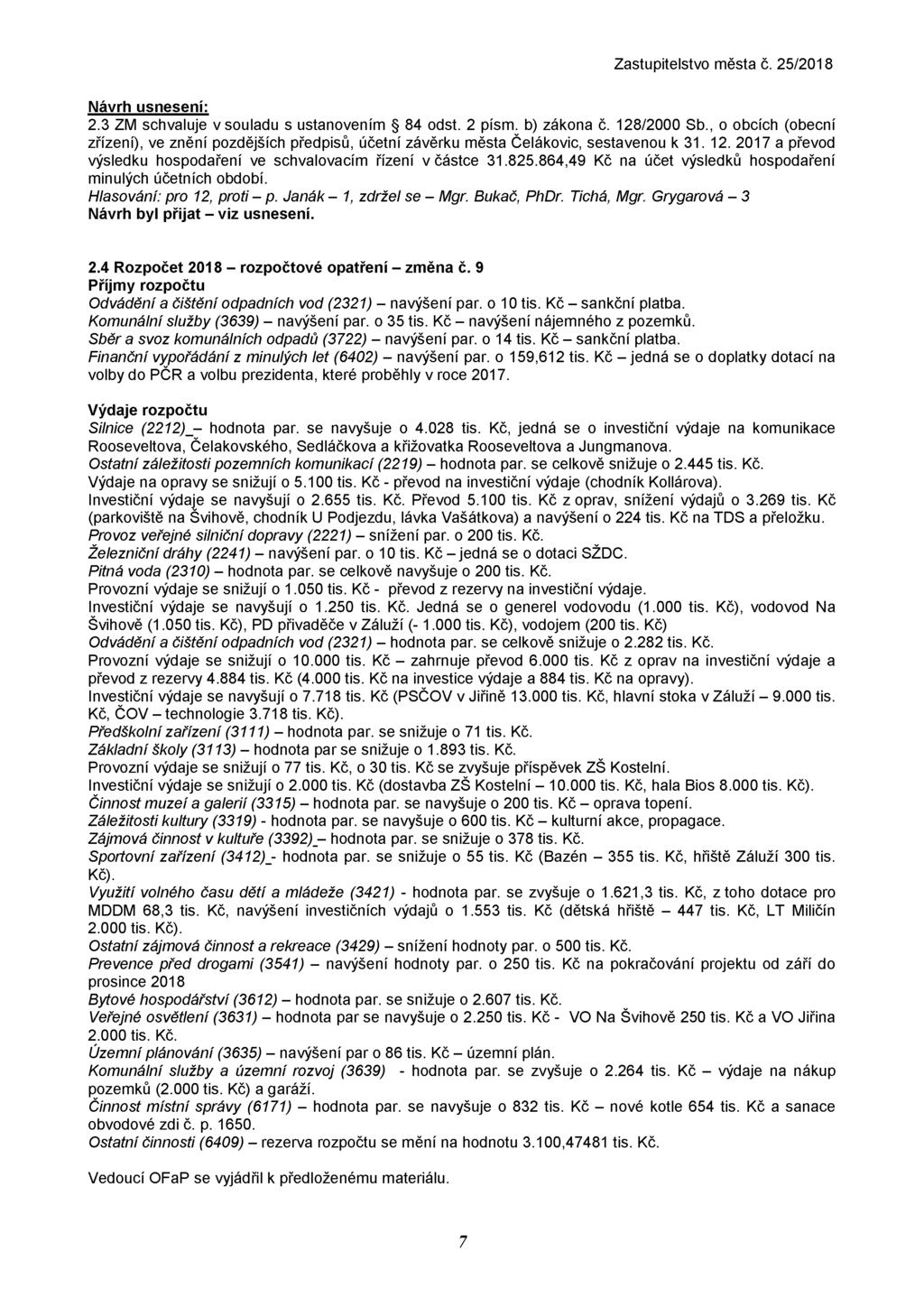 2.3 ZM schvaluje v souladu s ustanovením 84 odst. 2 písm. b) zákona č. 128/2000 Sb., o obcích (obecní zřízení), ve znění pozdějších předpisů, účetní závěrku města Čelákovic, sestavenou k 31. 12. 2017 a převod výsledku hospodaření ve schvalovacím řízení v částce 31.