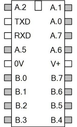 Připojení PICAXE18M2 k robotovi pro programování Zapojení S-OUT na TxD pin2 PICAXE18M2 a S-IN na RxD pin 3 PICAXE18M2 (obrázek vlevo).