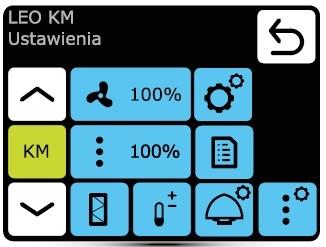 Směšovací komora LEO KM vybavená DRV-KM: (krátký stisk) LEO KM: Provozní režim: Nastavení ventilátoru (0-100%) Aktuální volba Provozní režim Režim topení Klapka čerstvého vzduchu Aktuální stav Režim