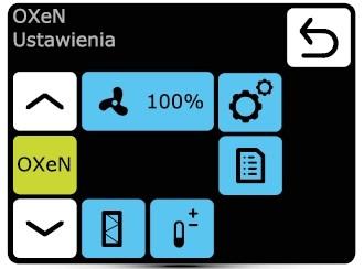 Bezkanálová směšovací jednotka OXeN vybavená DRV-OXeN: (krátký stisk) OXeN: Provozní režim: Nastavení ventilátoru (0-100%) Aktuální volba Provozní režim Aktuální stav Jednotka pracuje s