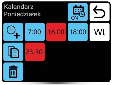 Kalendář týdenní programátor: Kalendář umožňuje pro každý den nastavit až 20 úseků (změn on/off) Platí, že čas zadání dalšího úseku je zároveň ukončení úseku předchozího Pro každý úsek lze nastavit