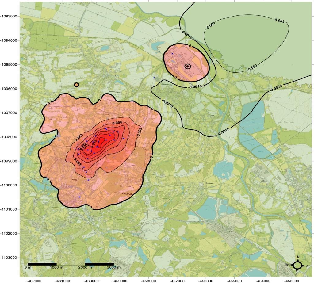 ROZDÍLOVÁ MAPA ROČNÍCH KONCENTRACÍ Eps VE VÝŠCE 1 METR NAD TERÉNEM Výsledkem této mapy je možnost konstatování, že vlivem instalace nových plynových kotelen dojde na určité ploše