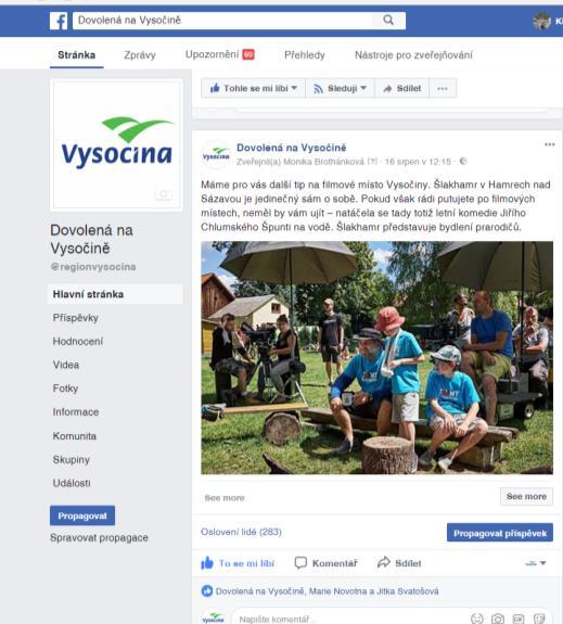 Facebook Na Facebooku jsou směrem k veřejnosti prezentována filmová místa na Vysočině i novinky týkající se natáčení či