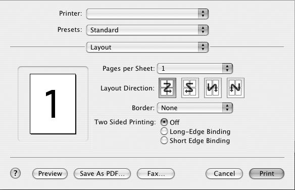 在一张纸上打印多页 您可以在一张纸上打印多页 通过此功能打印草稿, 可以节省成本 1 在 Macintosh 应用程序中, 从 File ( 文件 ) 菜单中选择 Print ( 打印 ) 2 选择布局 双面打印 您可以进行双面打印 在进行双面打印之前, 请先确定打印后文档的装订边 装订选项如下 : Long-Edge Binding ( 长边装订 ): 这是装订书本时常用的布局
