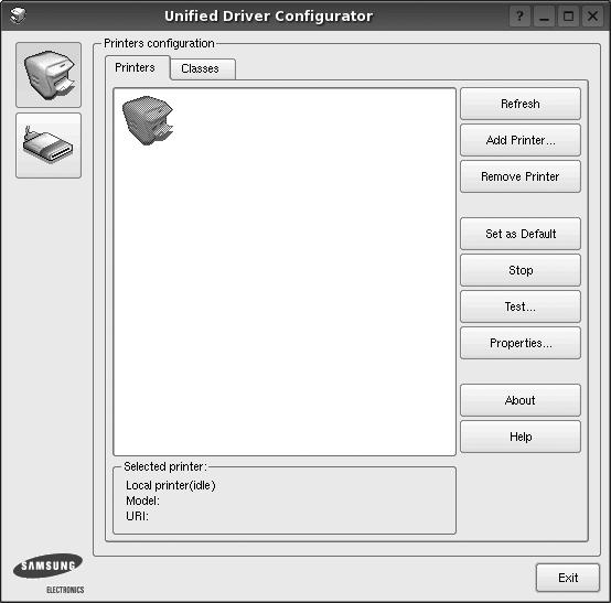 使用统一驱动程序配置器 Unified Linux Driver 配置器是主要用于配置打印机 安装 Unified Linux driver 后,Unified Linux driver 配置器图标自动在桌面创建 打印机配置 打印机配置有两个选项卡 : Printers ( 打印机 ) 和 Classes ( 类别 ) 打印机选项卡 单击 Unified Driver Configurator