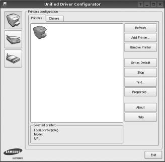 Unified Driver Configurator (Unified Driver 配置器 ) 2 按 Modules ( 模块 ) 窗格中的各按钮可以转到相应的配置窗口 切换到打印机配置 显示已安装的所有打印机 打印机配置按钮 端口配置按钮 显示打印机的状态 型号和 URI 可使用以下打印机控制按钮 : Refresh ( 刷新 ): 更新可用打印机列表 Add Printer (