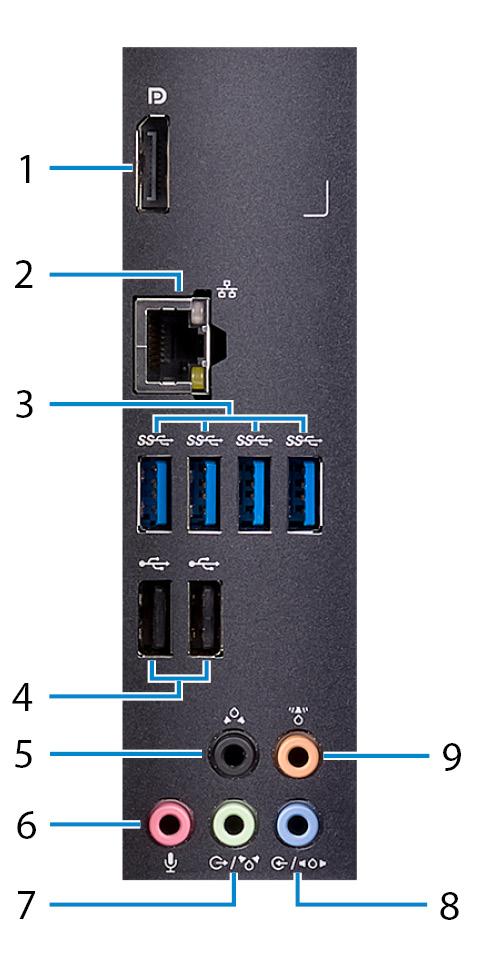 Zadní panel 1 DisplayPort Připojujte pouze pro účely ladění. 2 Síťový port POZNÁMKA: Pro připojení externích displejů nebo projektorů používejte videoporty na samostatné grafické kartě.