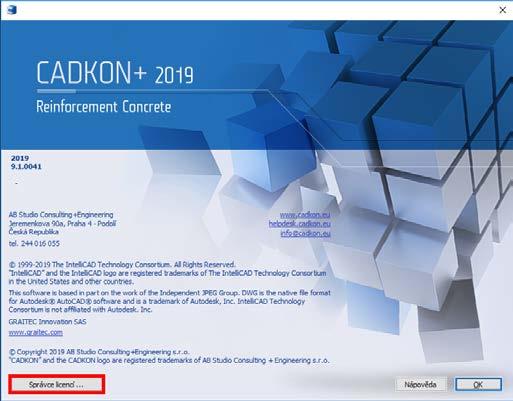 Dialogové okno O aplikaci CADKON+ má nový design. Spuštění Správce licencí z nového dialogového okna O aplikaci CADKON+.
