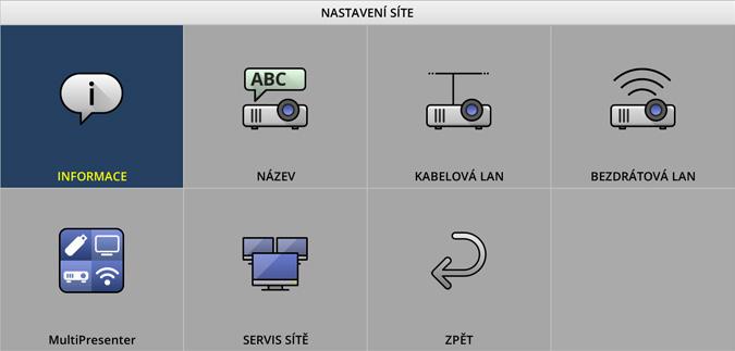 7-3. NASTAVENÍ SÍTE 7. Připojení k síti Přesuňte kurzor na položku [ NASTAVENÍ SÍTĚ] v pravé dolní části startovací obrazovky a stisknutím tlačítka ENTER otevřete obrazovku [NASTAVENÍ SÍTĚ].