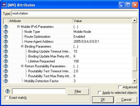 Obr. 7.4: Nastavení parametrů mobility MN Parametry související s nastavením IP adresy a parametrů IPv6 jsou zobrazeny na obrázku 7.5.