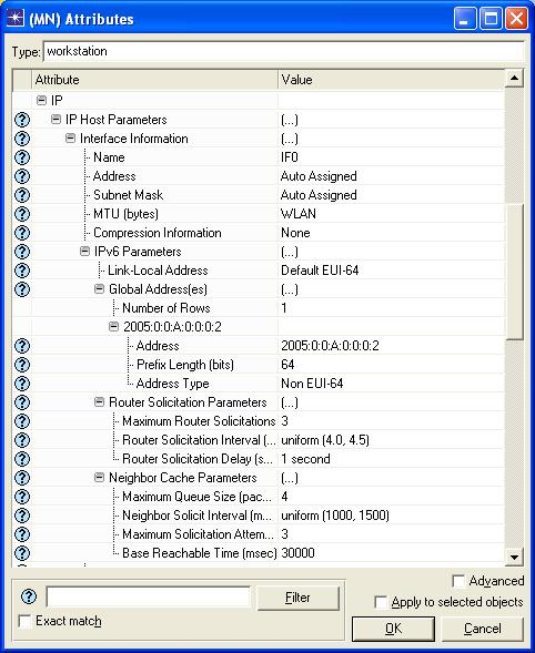 Obr. 7.5: Nastavení IPv6 parametrů MN Parametry bezdrátového spojení se nastavují ve Wireless LAN. Pro správnou funkci musíme nastavit BSS Identifier. Je nastaven na jedna.