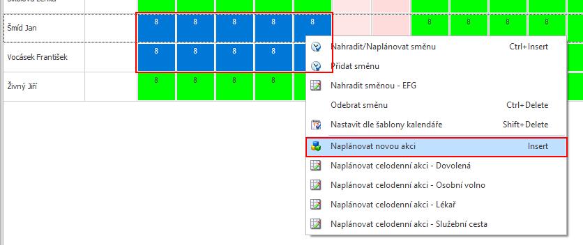 Hromadný plán směn Od verze 3.4 je možné v hromadném plánu směn plánovat celodenní/půldenní/časové akce pro více osob a dnů najednou.