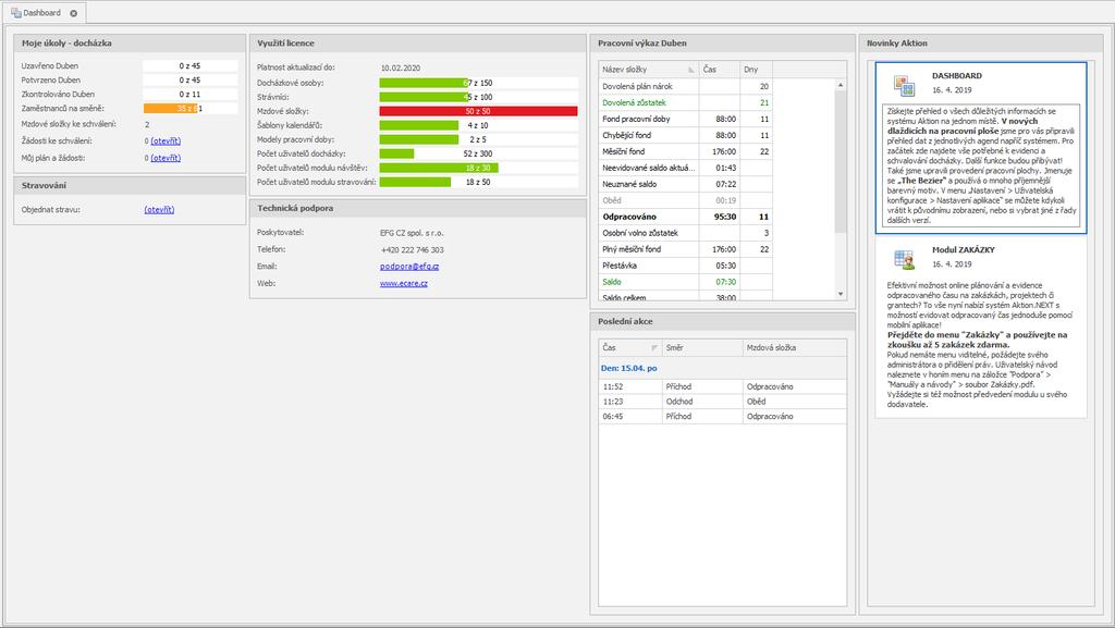 Dashboard windows aplikace Získejte přehled o všech důležitých informacích ze systému Aktion na jednom místě.