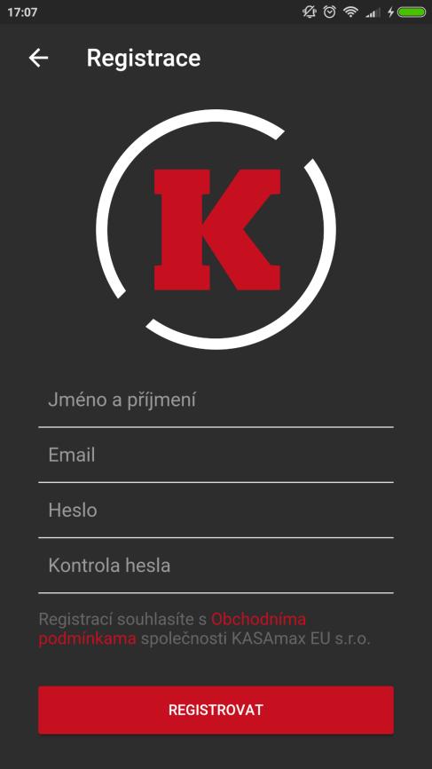 2 PŘIHLÁŠENÍ, REGISTRACE Registrace nového účtu Po spuštění aplikace je nutná Vaše registrace. Vyplňte svoje jméno a příjmení, email a heslo. Registraci dokončíte stiskem tlačítka registrovat.