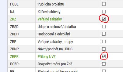 Vyberte potřebné obrazovky u kterých potřebujete oznámit či navrhnout změnu fajfka ve čtverečku