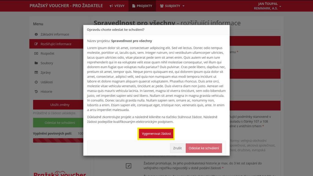 podpisem. Během krátké chvíle se vygeneruje žádost ve formátu PDF.