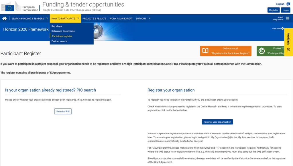 Přihlášení Registrace Obr. 14 Vytvoření uživatelského účtu (EU Login) 4) Registrujte Vaši organizace Organizace se musí registrovat zde.
