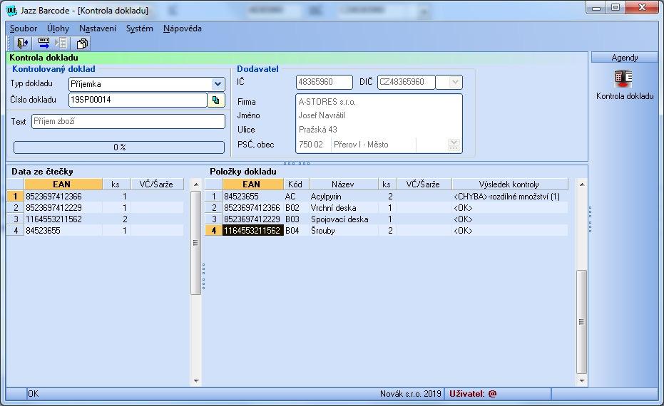 16- Kontrola dokladu Dialogové okno pro provedení kontroly dokladu z dat načtených přenosnou čtečkou se vyvolá volbou položky z menu Úlohy Kontrola dokladu.