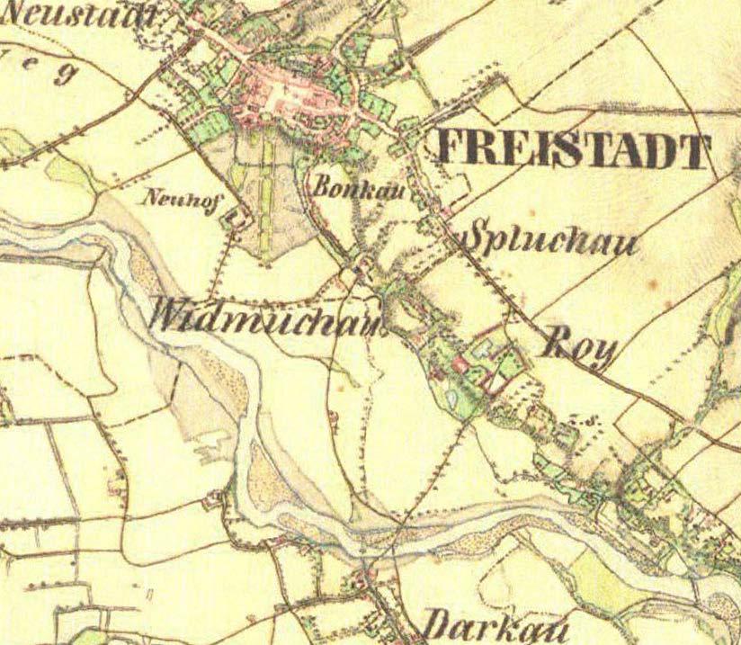 Historické jádro Fryštát a území Darkova, II. vojenské mapovaní v letech 1836 1852, zdroj: http://oldmaps.geolab.cz/map_viewer.pl?