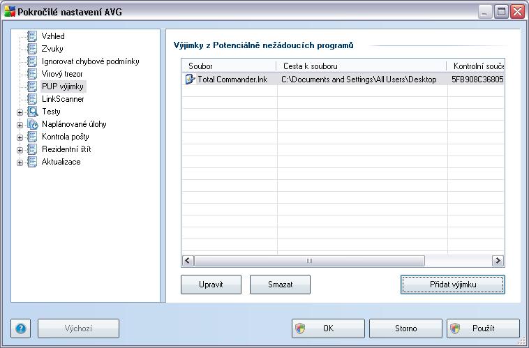 Maximální počet souborů v trezoru) 8.5. PUP výjimky AVG 9 Free má schopnost analyzovat spustitelné programy, případně DLL knihovny, a určit, které z nich by mohly být nežádoucí (např. spyware).