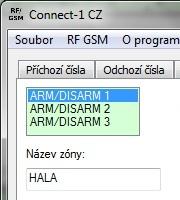 Connect-1 - Záložka ARM/DISARM 4. Na záložce ARM/DISARM vyberte jednu ze tří zón a zadejte název zóny. 6.
