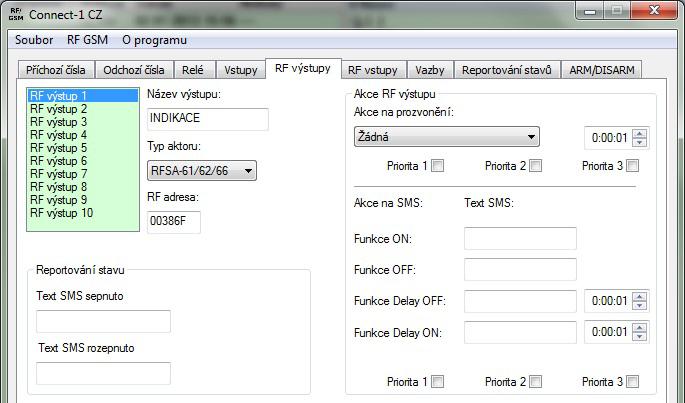 Na záložce ARM/DISARM v roletovém menu vyberte výstup, který bude použit pro indikaci příjmu povelu pro zapnutí/vypnutí střežení zóny.