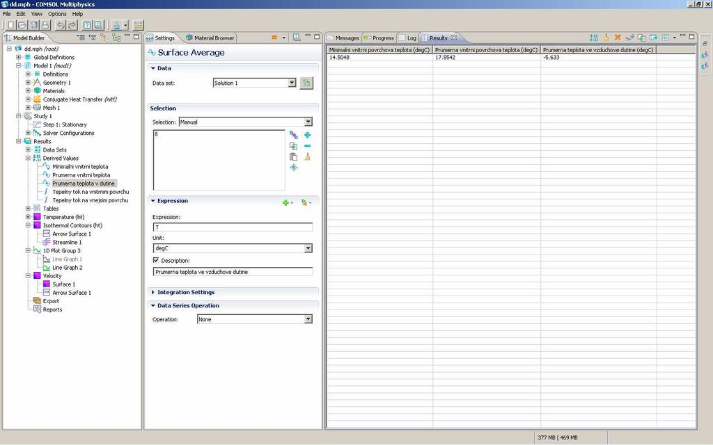 m) Zobrazení číselných výsledků a odvozených hodnot Podíváme se na nejnižší vnitřní povrchovou teplotu, průměrnou vnitřní povrchovou teplotu a na průměrnou teplotu v dutině: