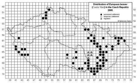 Obr. 13 Rozšíření bobra v ČR (2005) http://fle.czu.