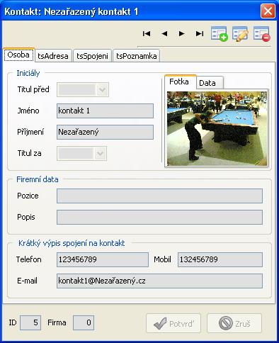 Kontakt: Obsahuje data o kontaktu, adresu, spojení (telefony, faxy, mobily, emaily, icq ). Kontakty mohou být přiřazeny k firmě a nebo stát samostatně. Ve verzi Start nelze vložit ke kontaktu obrázek.