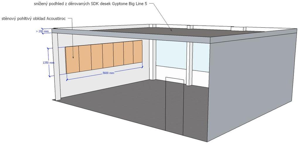 T (s) až v úrovni spodní hrany stropních průvlaků); dutina mezi podhledem a stropem bude ponechána prázdná bez výplně; plocha podhledu je přibližně 65 m 2 ; - širokopásmově zvukově pohltivý stěnový
