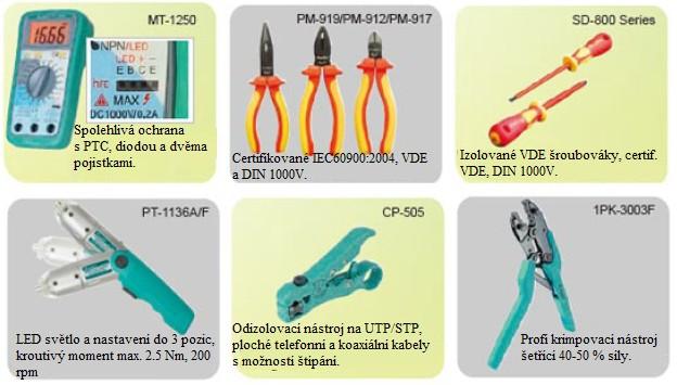 - Dále obsahuje izolované VDE kleště a šroubovák a výběr elektrického nářadí, páječku, krabičku na součástky, sadu šroubováků na elektroniku a mnoho dalšího.