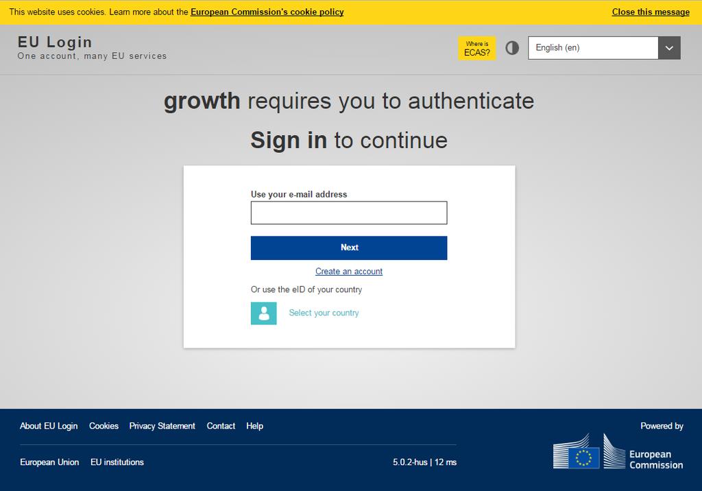 Výsledek: Zobrazí se stránka EU Login gř growth požaduje ověření
