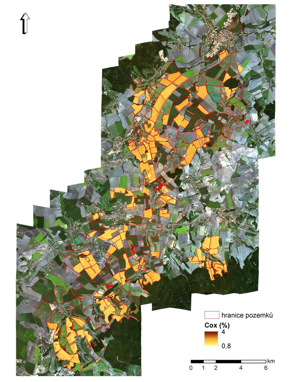 Mapa odhadu obsahu organického půdního úhlíku z leteckých HS dat nasnímaných 27. 8.