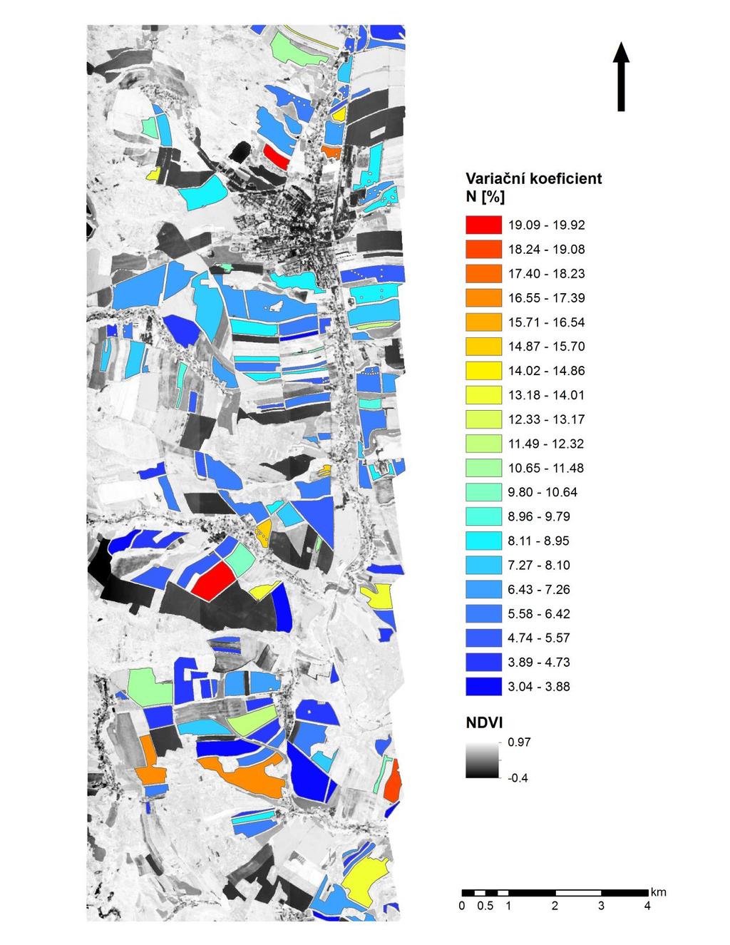 Heterogenita porostu pšenice Mapa indikace variability množství dusíku v nadzemní biomase pšenice na základě