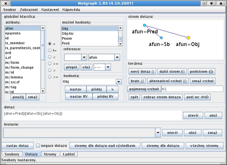 CD ROM Český akademický korpus 2.0 Dotazy se v Netgraphu vytvářejí v uživatelsky přívětivém grafickém prostředí. Příkladem je dotaz na obrázku 3.12.