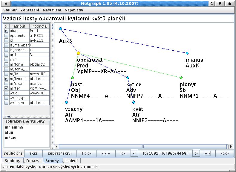 CD ROM Český akademický korpus 2.0 Obrázek 3.13. Nalezený strom v Netgraphu Uživatel vždy používá klientskou část programu Netgraph. Tímto klientem se může připojit k veřejnému serveru quest.ms.mff.