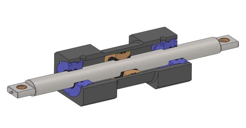 Přímočarý hydromotor s oboustrannou pístnicí (jednostupňový) U těchto motorů často vykonává pracovní pohyb válec a pístnice bývá pevně uchycena. Rychlost a síla na píst jsou v obou směrech stejné.