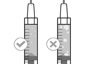 1. PŘÍPRAVA 5. krok. Natáhněte roztok do stříkačky Popotáhněte hrot jehly dolů do roztoku. Zvolna vytahujte píst a natáhněte do stříkačky větší objem roztoku, než je předepsaná dávka.