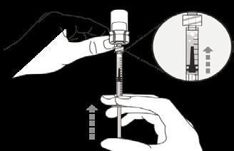 Zvolna vytahujte píst a natáhněte do stříkačky větší objem roztoku, než je předepsaná dávka. Injekční stříkačka přitom musí neustále směřovat hrotem vzhůru.
