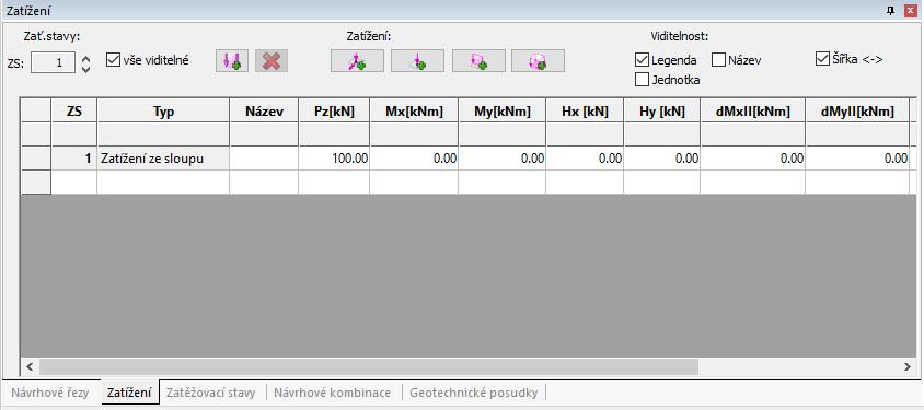 Základní principy Panel tabulek (oblast F) Záložka Zatěžovací stavy zobrazuje všechny zadané zatěžovací stavy a jejich typy.