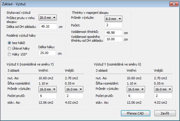 výztuže generuje návrh výkresu výztuže základu, tzv. parametrické makro ZAC.