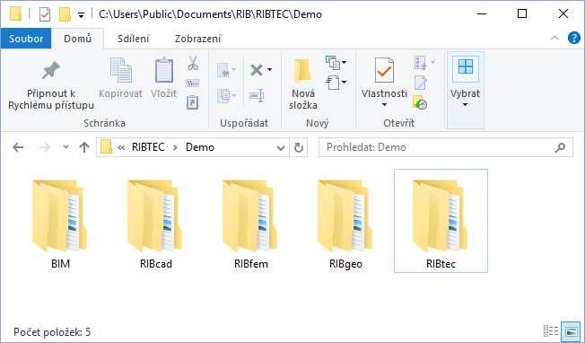 příslušnou složku k instalovaným produktům RIBTEC : Po vstupu do složky Demo, dále podsložky příslušné podskupiny produktů RIBcad, RIBgeo, RIBtec nebo RIBfem a následně do podsložky s