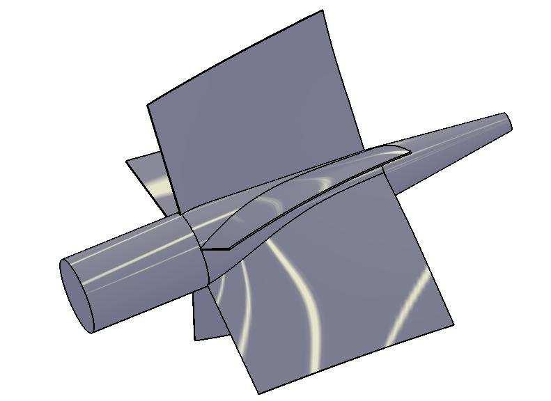 Řídící body a křivky lopatky Z plochy vytvořené pomocí řídících křivek je následně vytvořena hmotná lopatka pomocí ekvidistantní tloušťky 0,5 mm